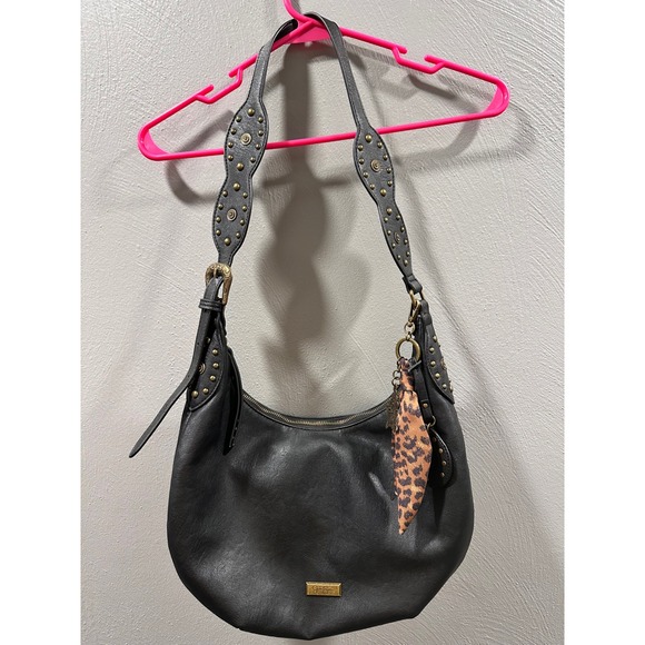 Jessica Simpson Handbags - Jessica Simpson Black Studded Hobo Bag Western Scarf Charm Boho Shoulder Purse